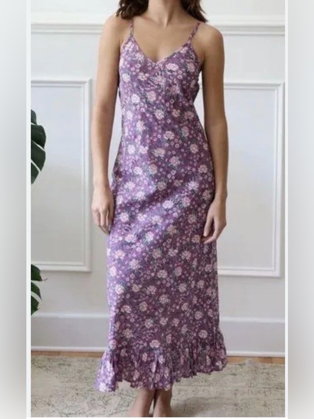 Mille Roma Midi Slip Dress Lavender Floral Block Print Cotton Size Medium